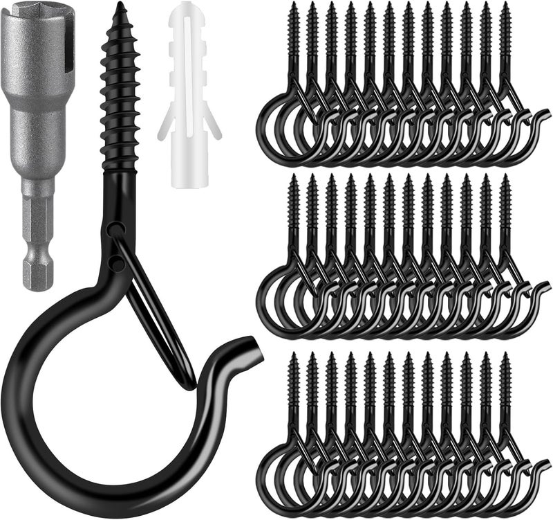 FSAH 96 PCS Q-Hanger Hooks, Screw Hooks for Outdoor String Lights, Safety Buckle Design Cup Eye Hook for Hanging Christmas Lights, Plants, Mounted on Wall Ceiling, Include 1 Wing Nut Driver, Black - Image 1
